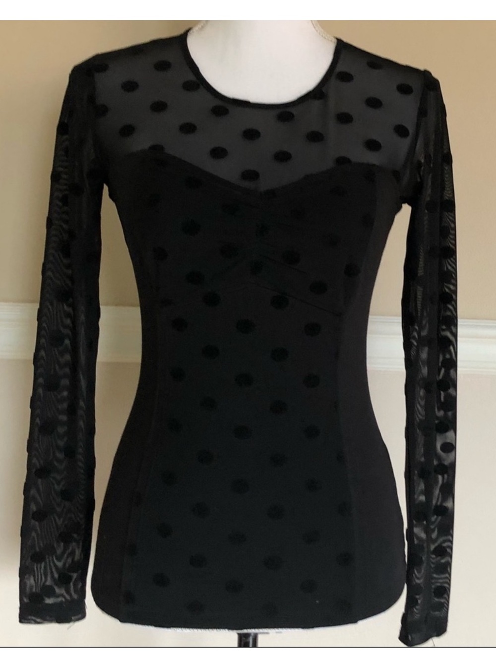 Guess Black Polka Dot Mesh Long Sleeve Top